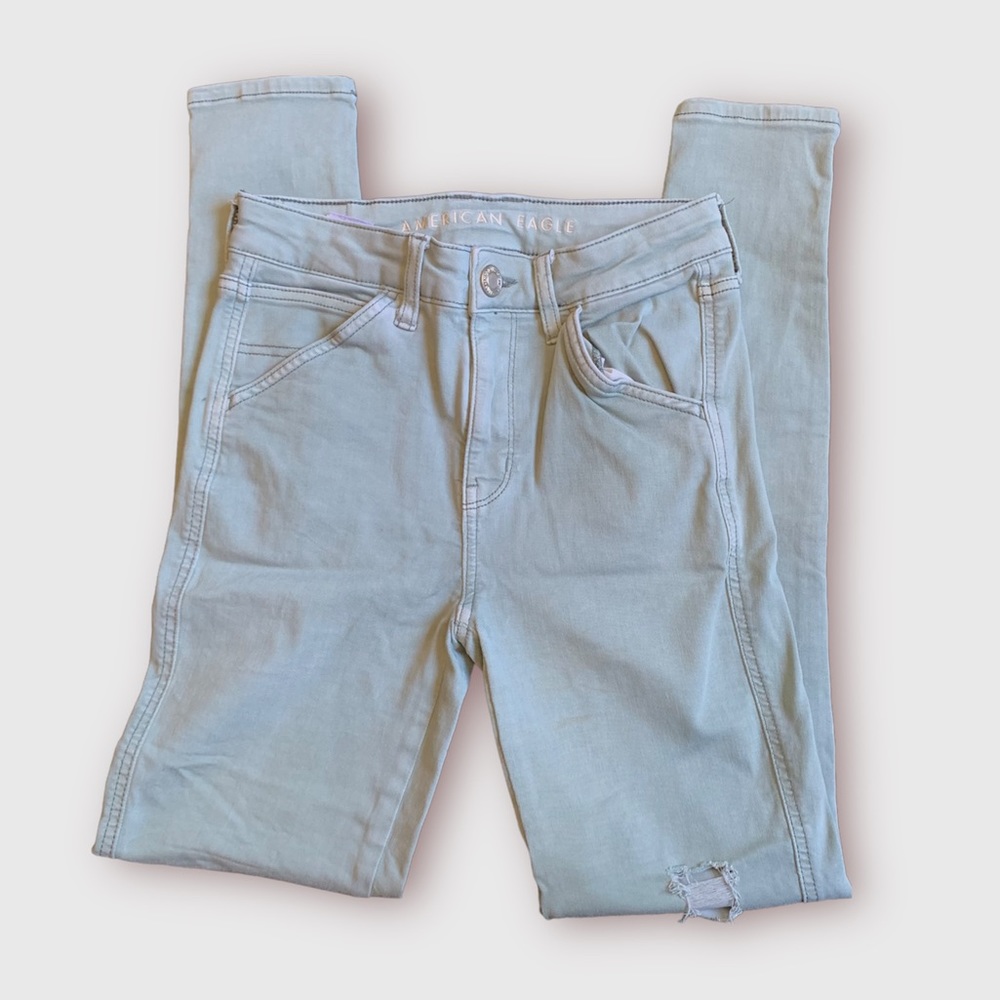 [American Eagle] Green Distressed Skinny Jeans